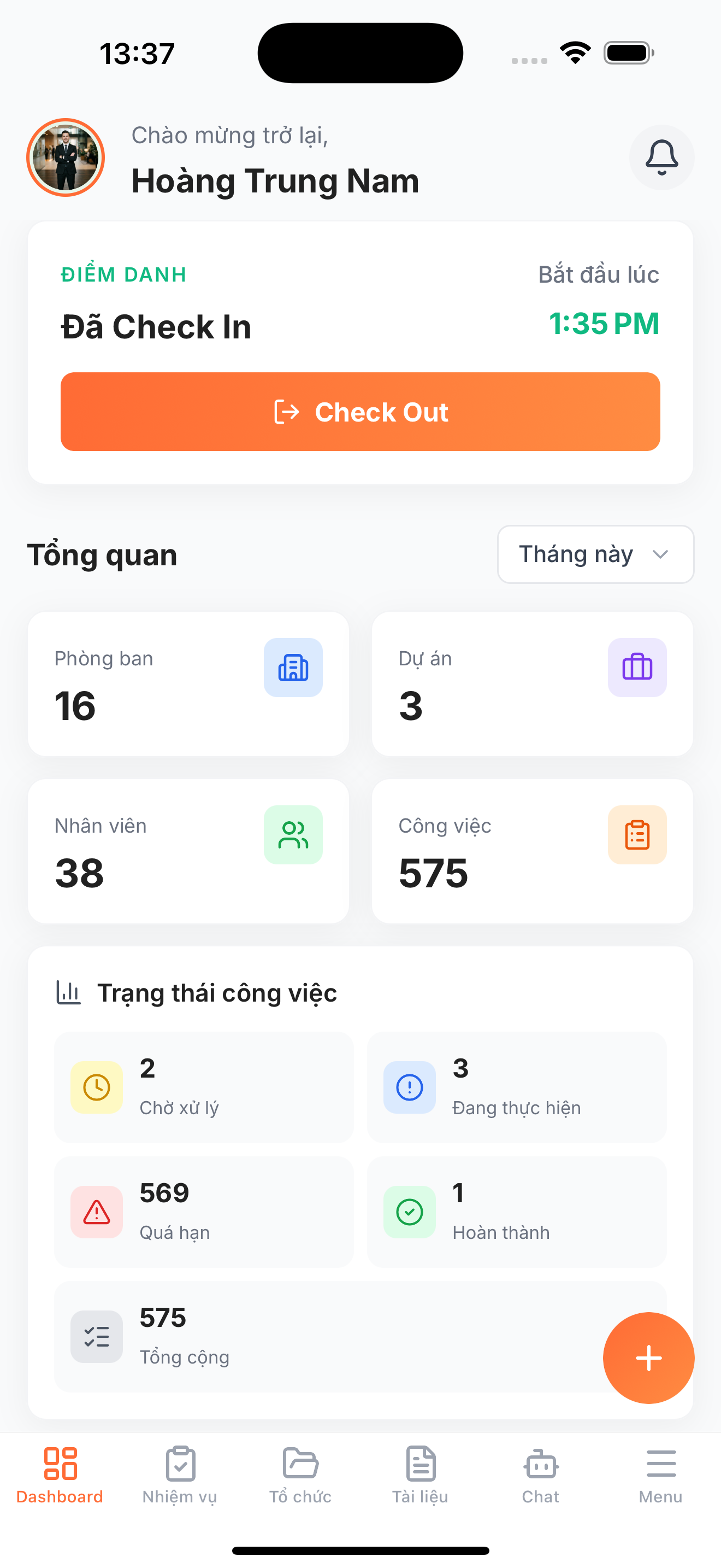Màn hình check-in và tổng quan WPTA
